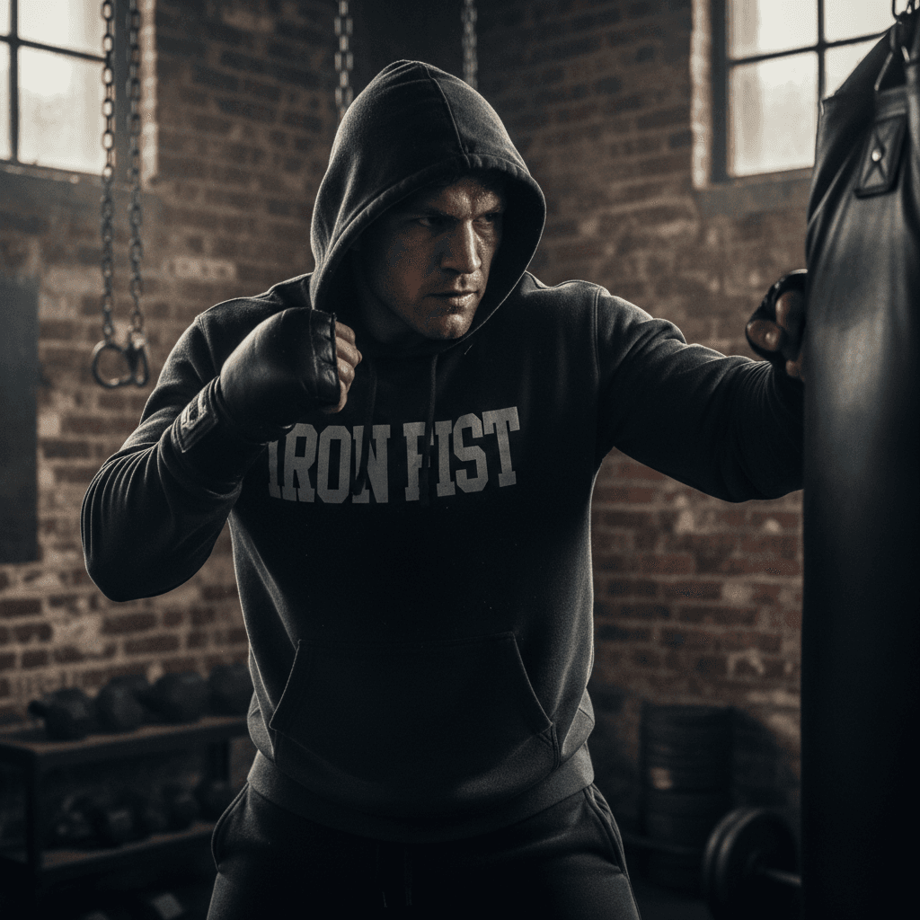 Boxer training in a dark gym wearing a branded hoodie