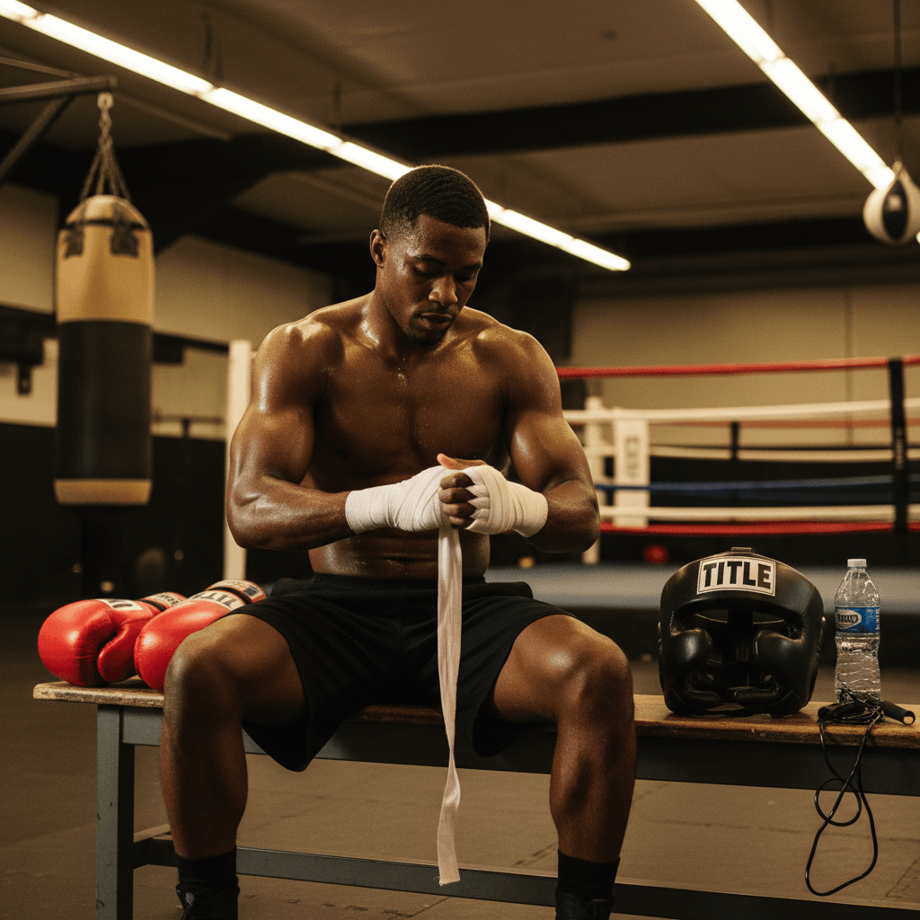 Boxer wrapping hands before a sparring session with branded gear nearby