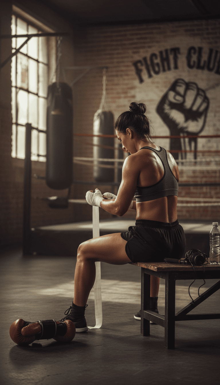 Boxer wrapping hand wraps before a training session in a boxing gym