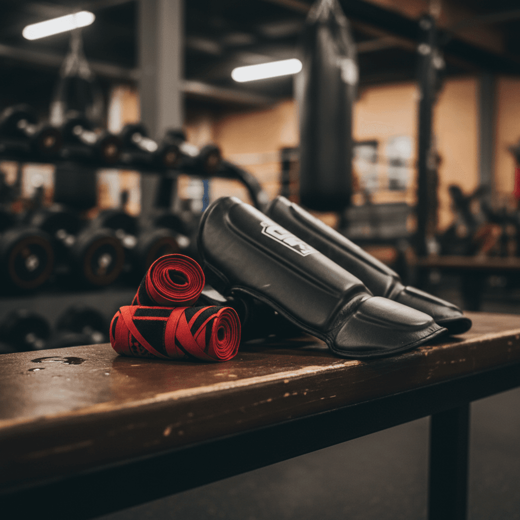 Boxing wraps and guards on a bench