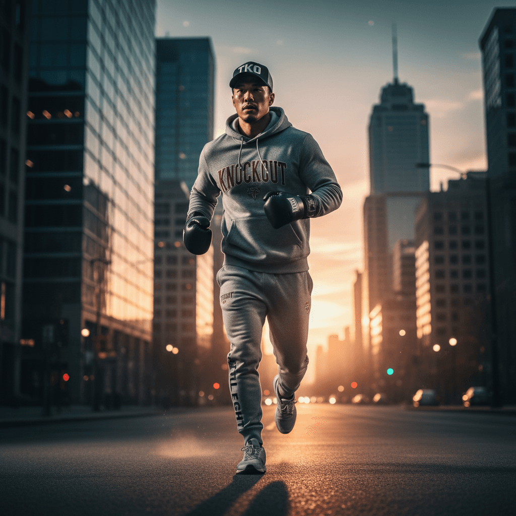 Professional boxer doing roadwork at dawn wearing branded apparel