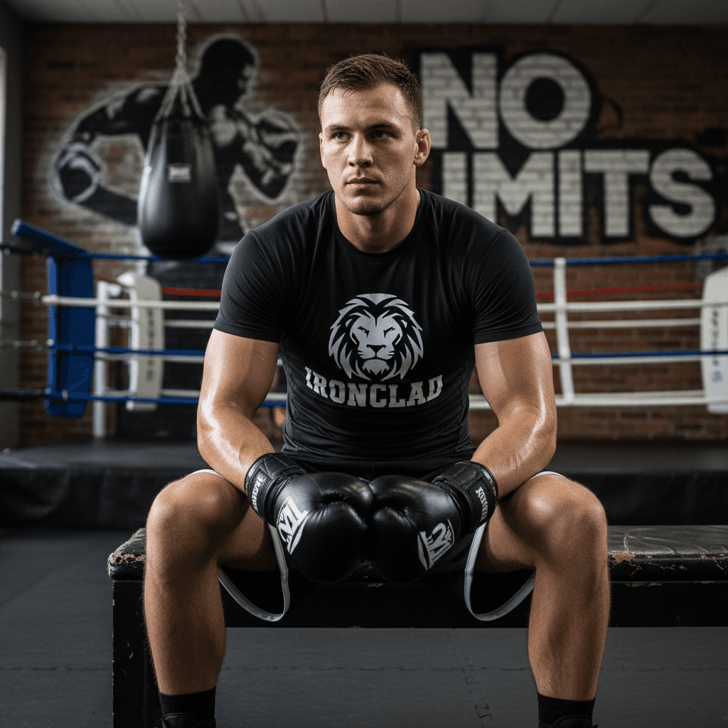Boxer resting after a workout in branded apparel with a calm confident pose