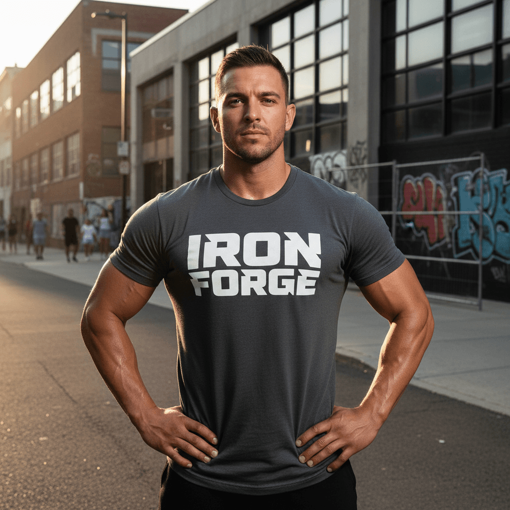 Athlete wearing a branded t-shirt outside a gym in an urban setting