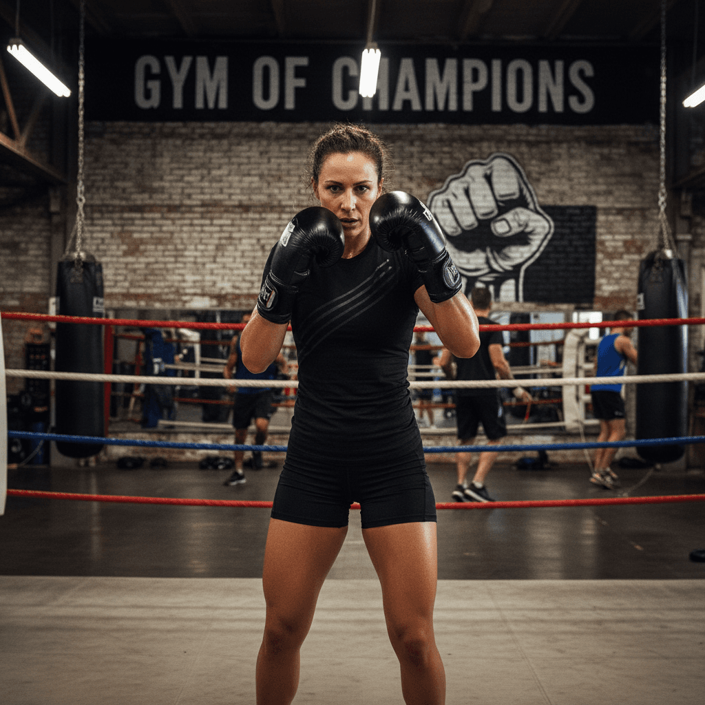 Boxer in a black training tee in a gym