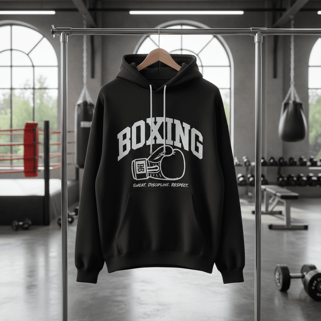 Black boxing hoodie with Fighters First branding hanging on a rack in a gym