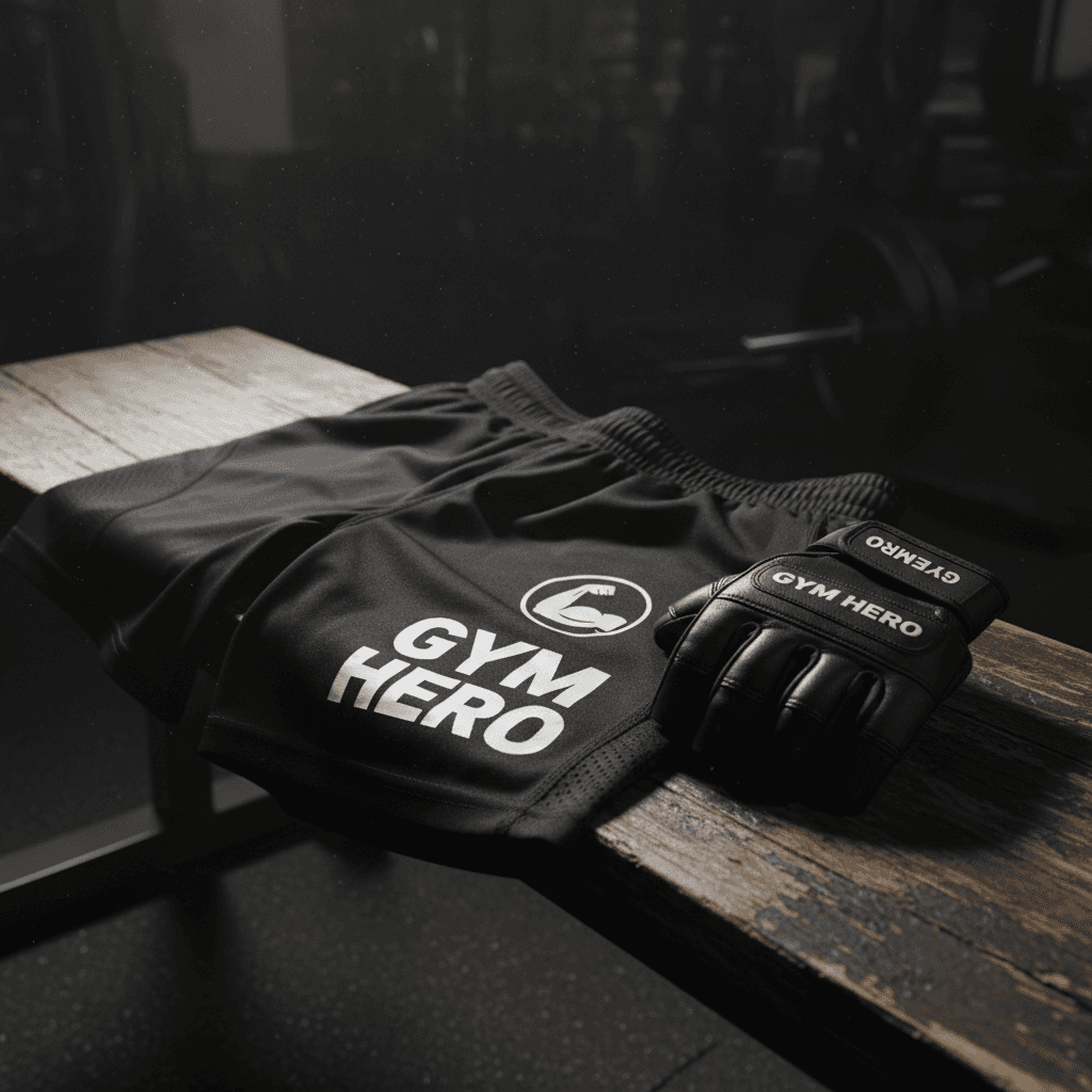 Close-up of branded training shorts and gloves on a gym bench