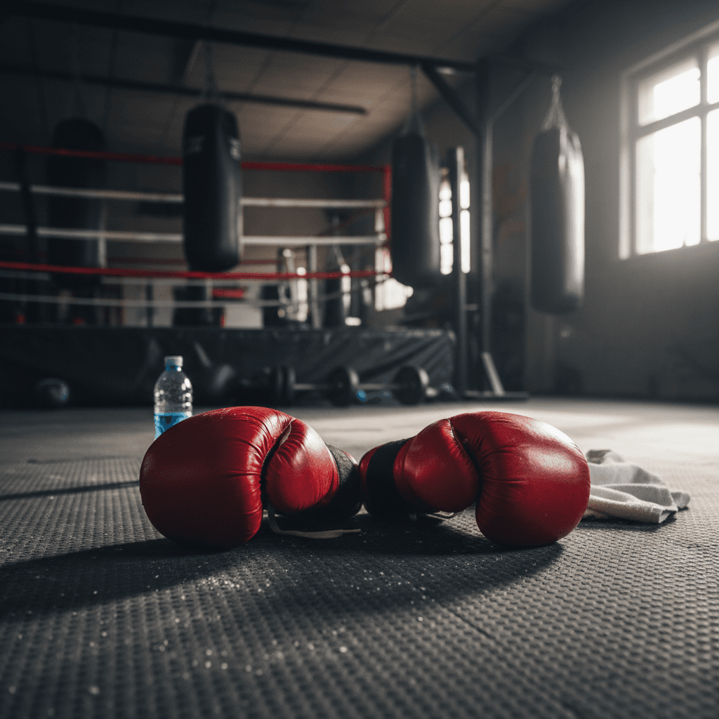 Red boxing gloves on a gym floor