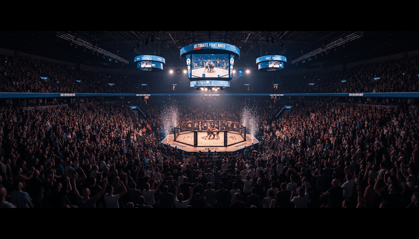 Overhead view of a packed indoor boxing arena at night: a square blue canvas ring with white and red ropes, two fighters mid-bout and a referee in a white shirt, surrounded by a dense crowd in the stands, judges tables and striped-shirt officials at ringside, dramatic overhead arena lighting